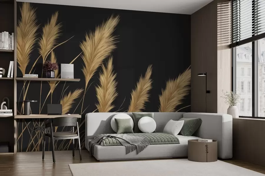 murales Espigas de trigo esponjosas sobre un fondo oscuro w04734