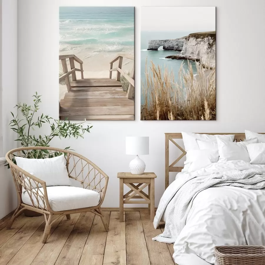 wall murals Coastal cliffs and dry grasses by the turquoise sea m00875