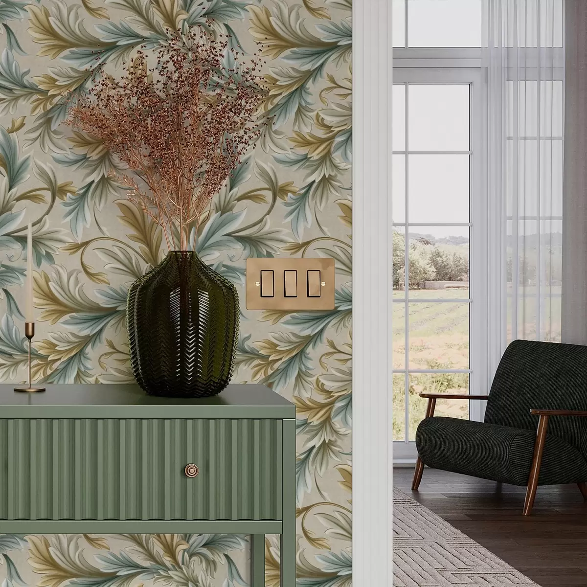 Wallpaper Voluminous leaves in pastel shades of green and beige a00674