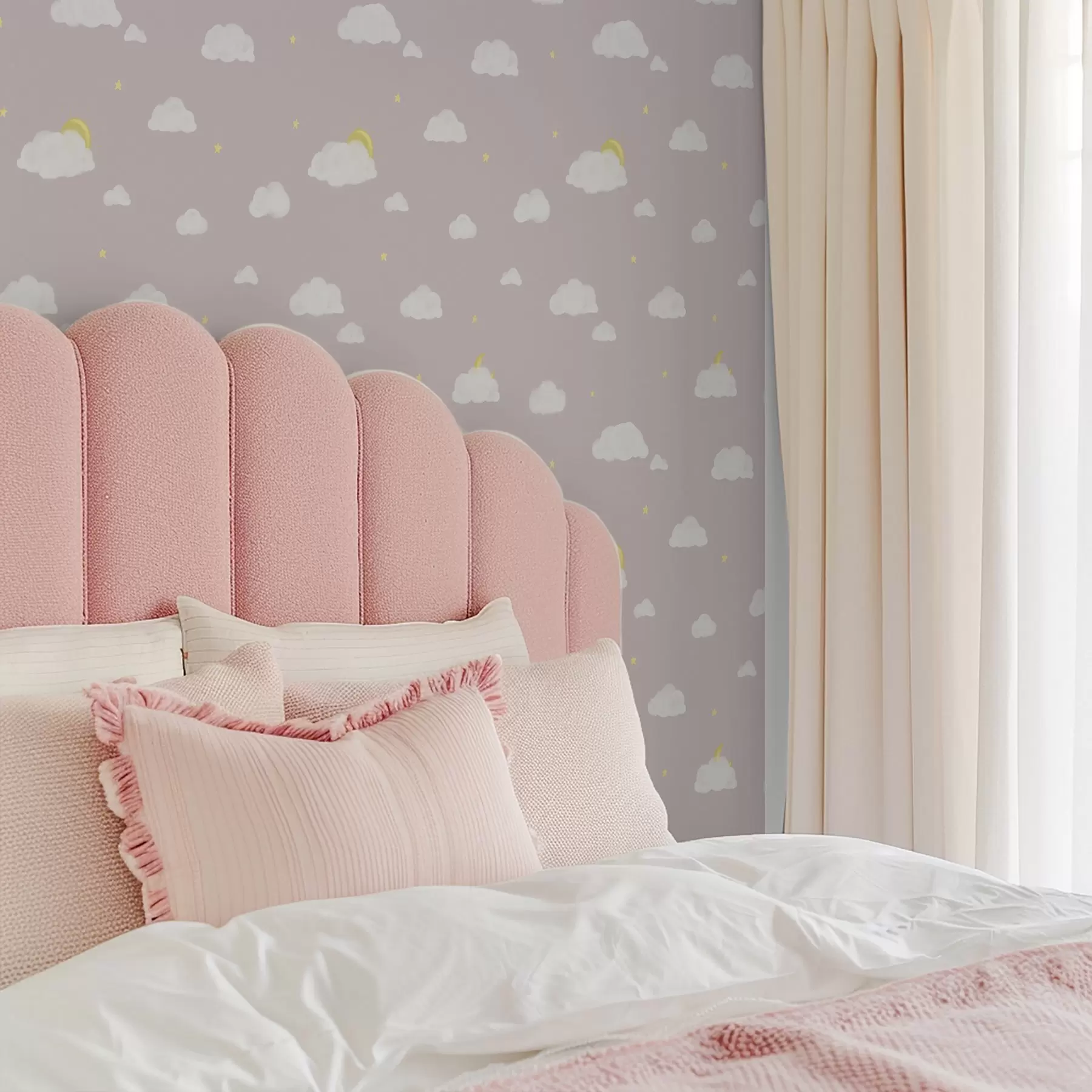 Wall Mural Photo Wallpaper Soft clouds, stars and sun on a pinkish gray background a00652v2