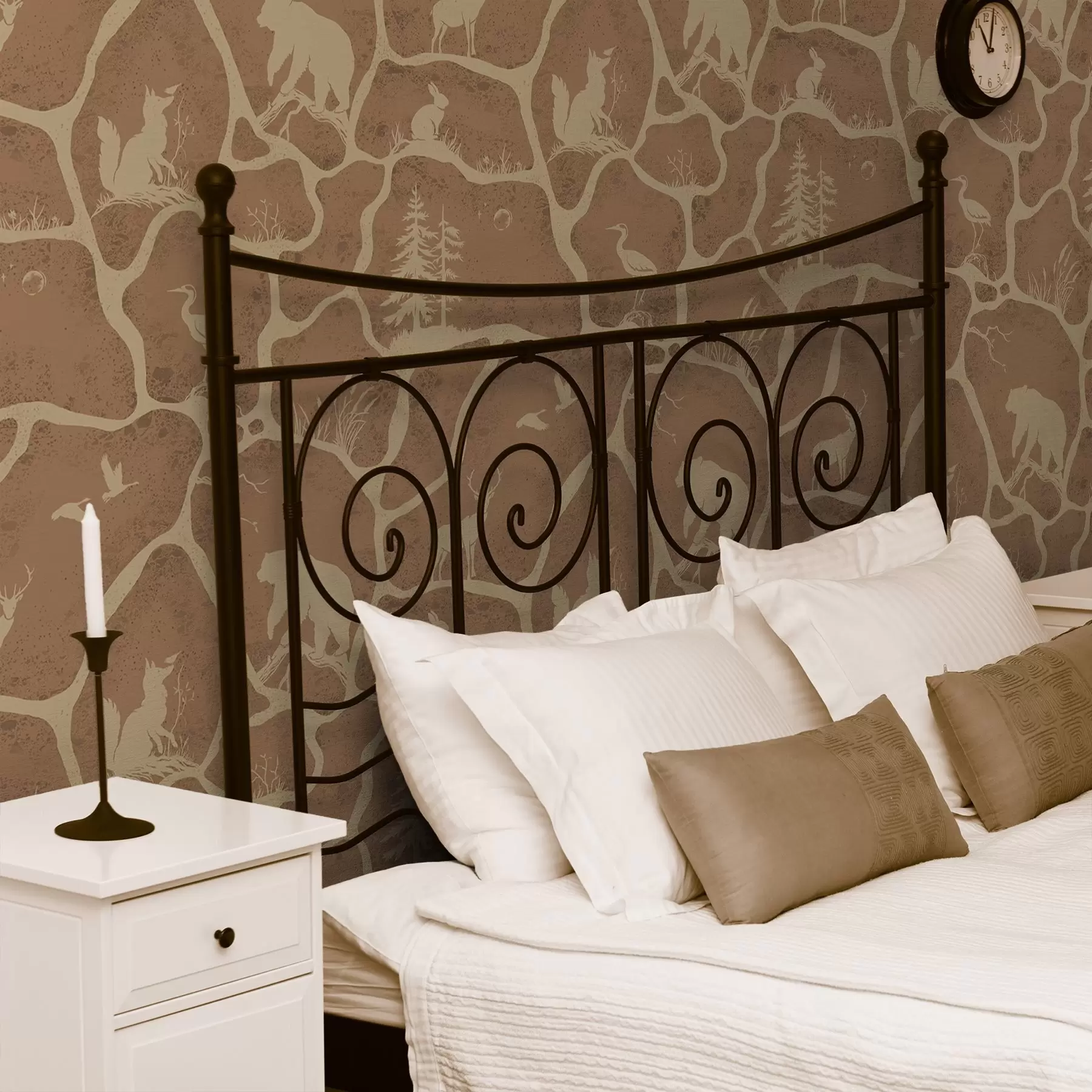 Wall Mural Photo Wallpaper Silhouettes of animals and trees in a natural landscape with stone texture a00727