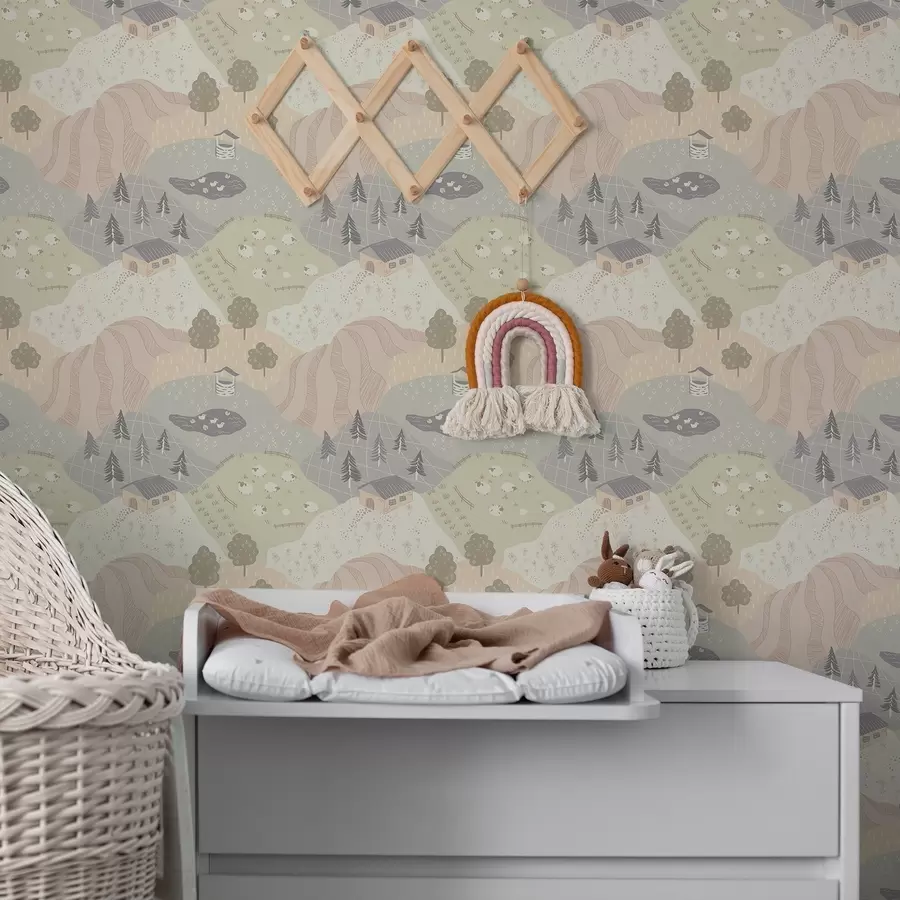 murales Campiña de cuento de hadas con árboles, gansos y ovejas a00728