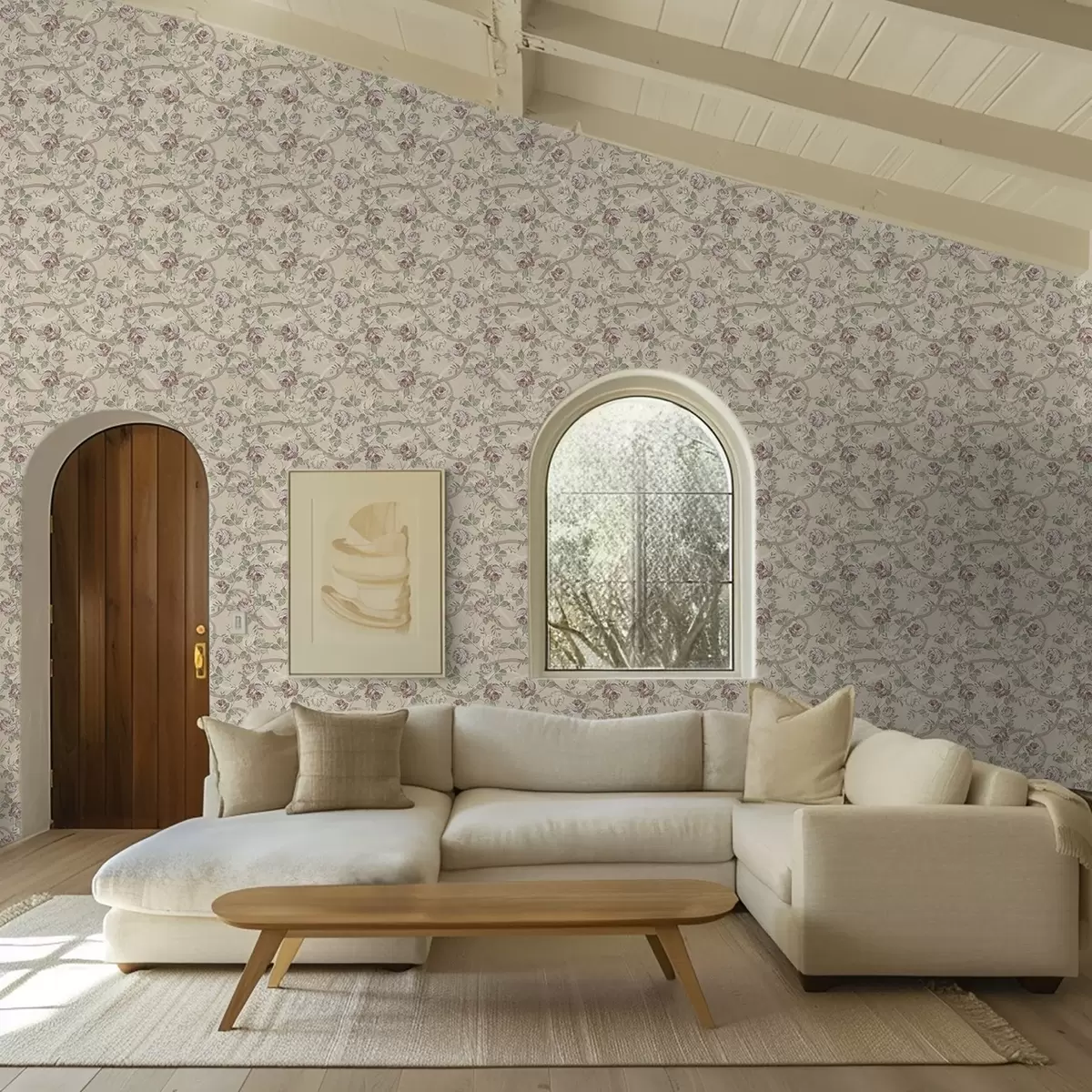 Wallpaper Roses with green leaves on a warm beige base a00729