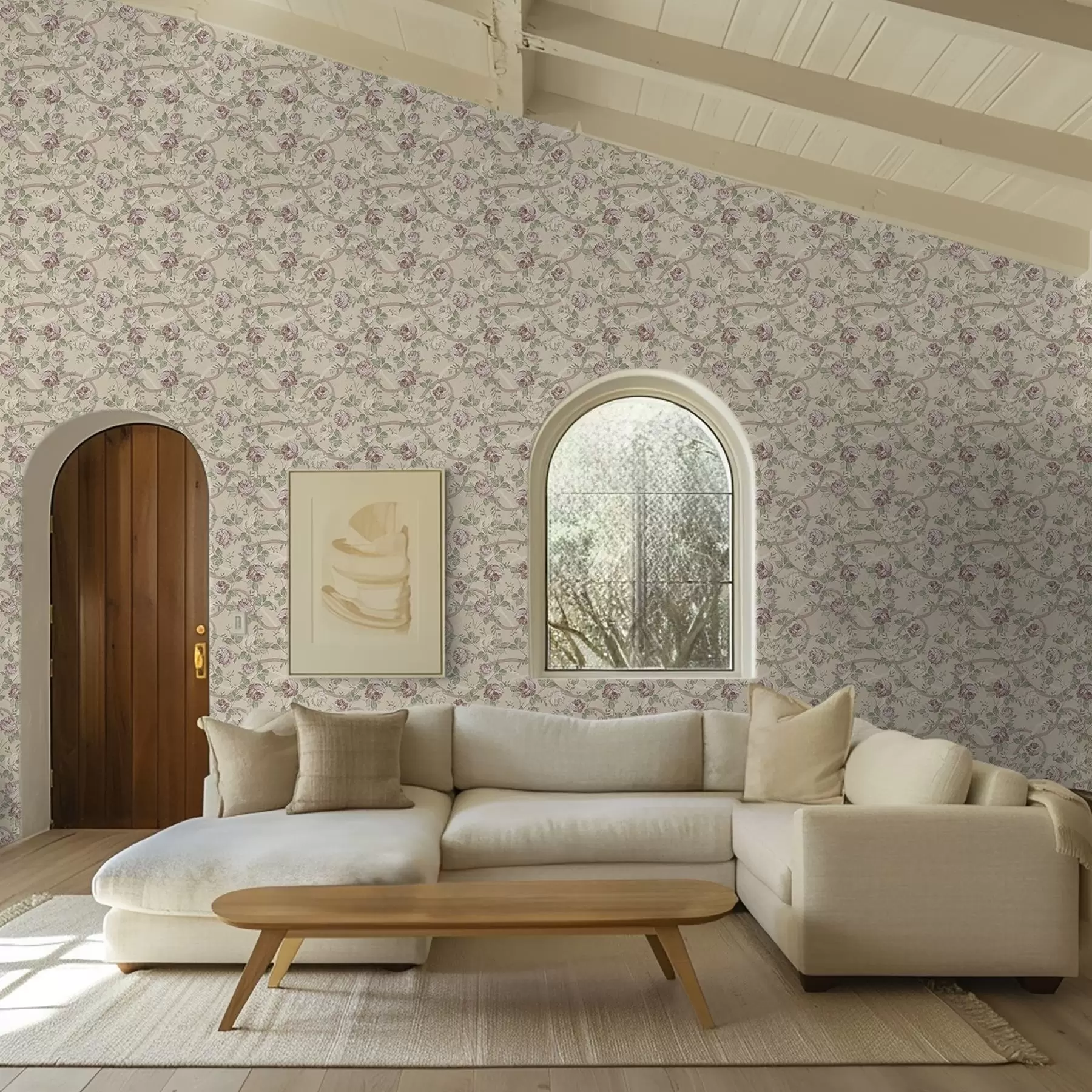 Wall Mural Photo Wallpaper Roses with green leaves on a warm beige base a00729