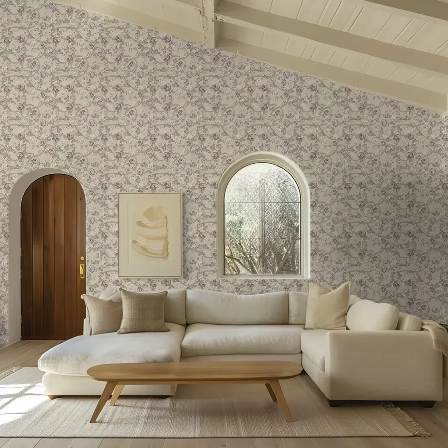 murales Rosas con hojas verdes sobre un fondo beige cálido a00729