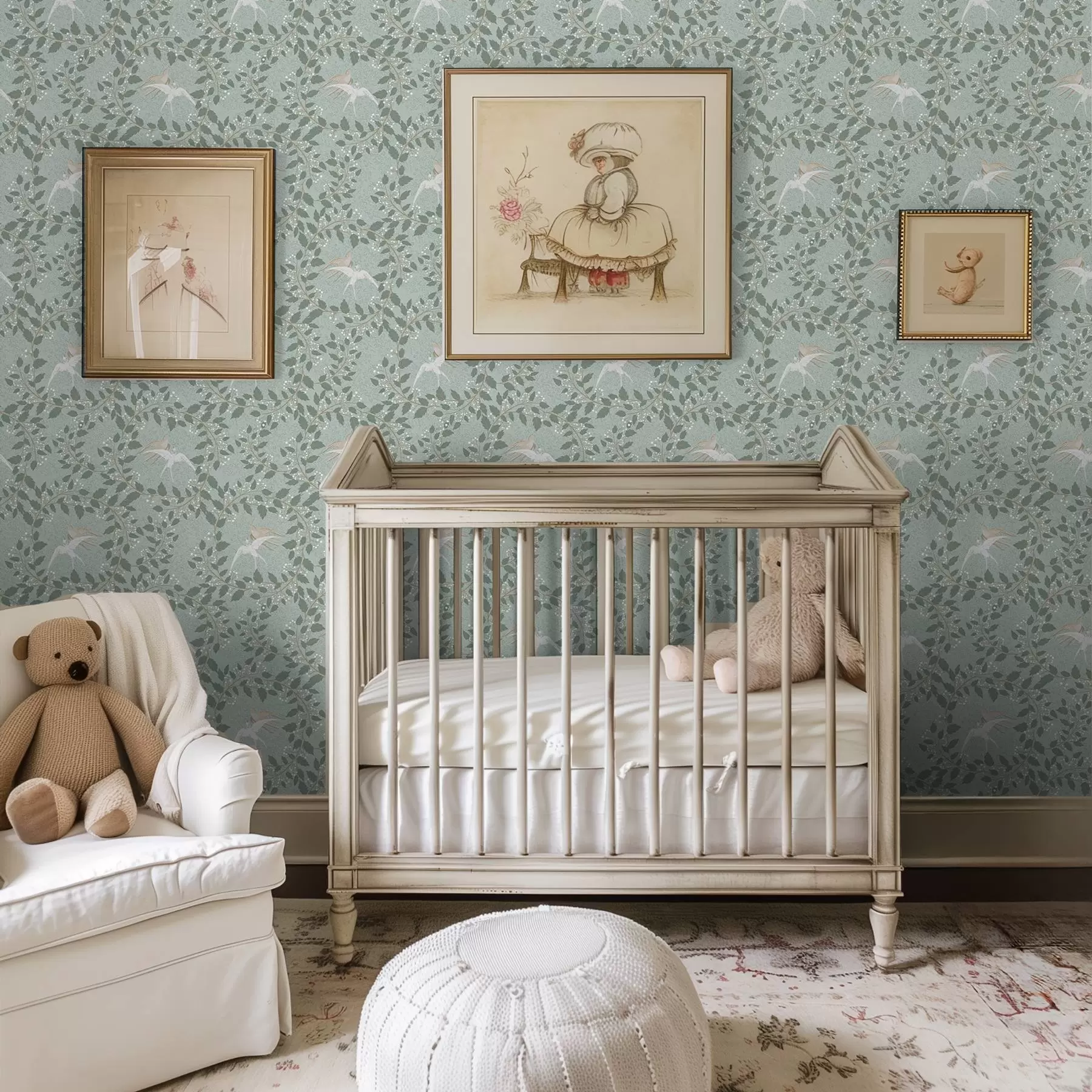 Wall Mural Photo Wallpaper Branches with white berries and birds on a green background a00731