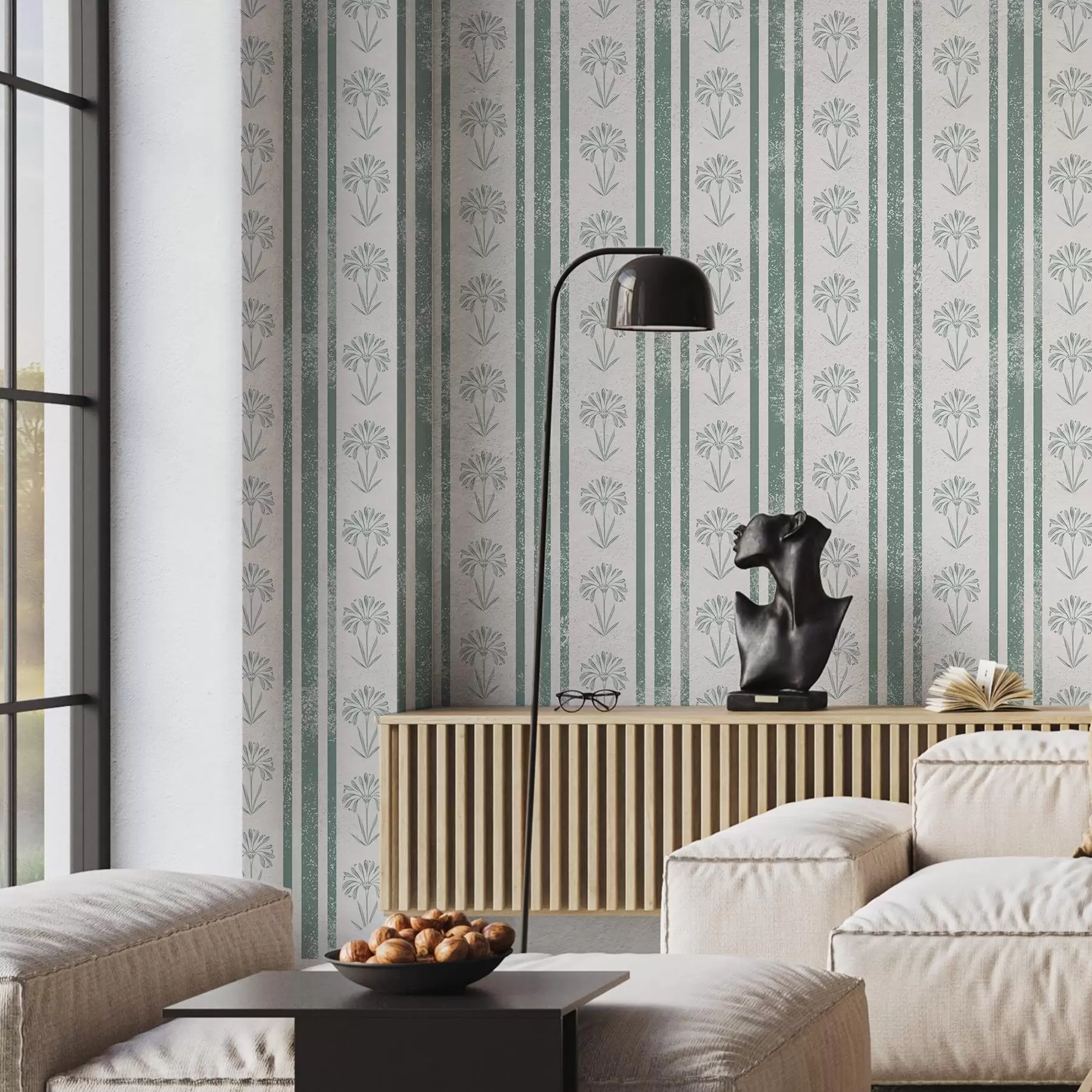 Wall Mural Photo Wallpaper Ribbon pattern with flowers in green shades a00732