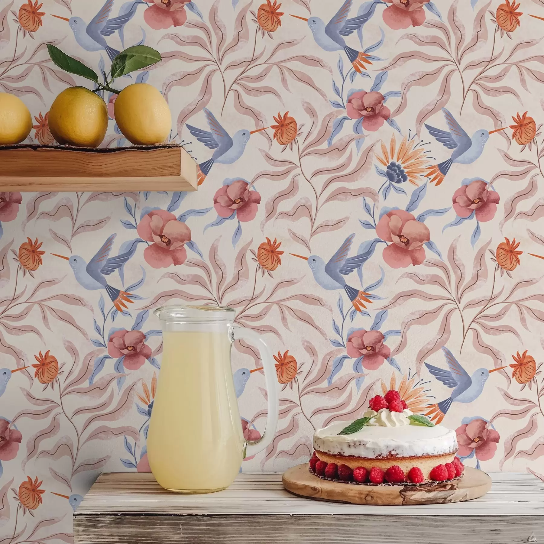 Wall Mural Photo Wallpaper Hummingbirds among large flowers in pink and blue tones a00733