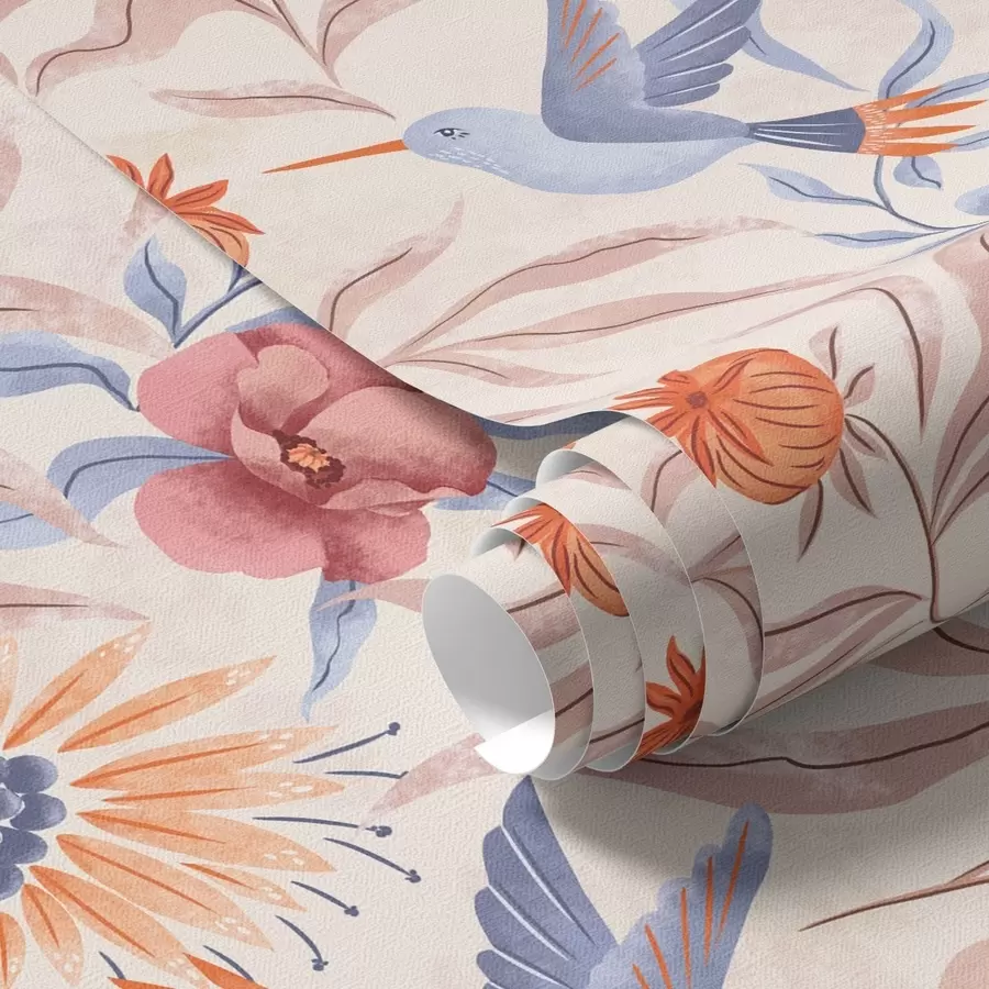 peintures murales Colibris parmi de grandes fleurs aux tons roses et bleus a00733