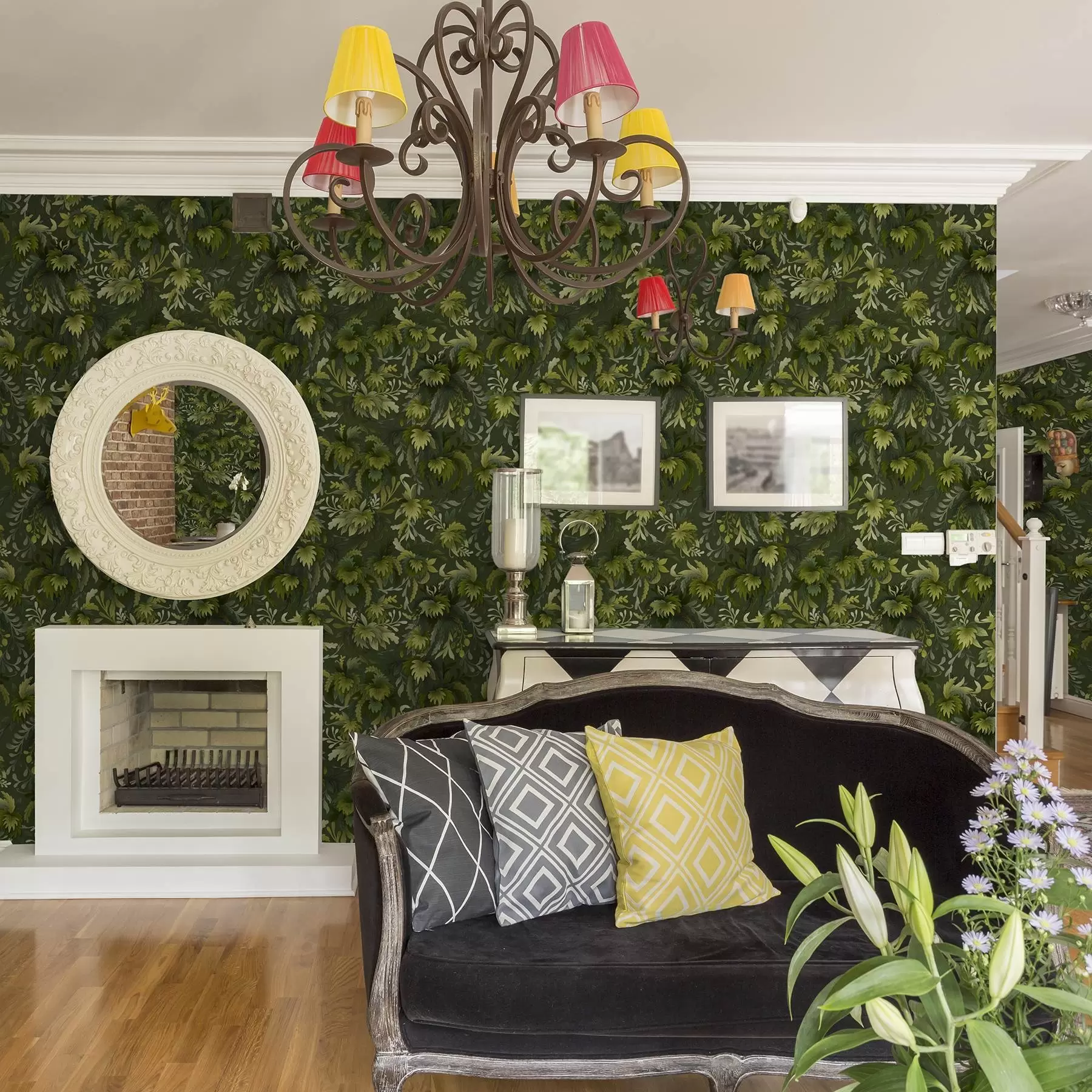 murales Denso follaje verde sobre un fondo verde oscuro a00805