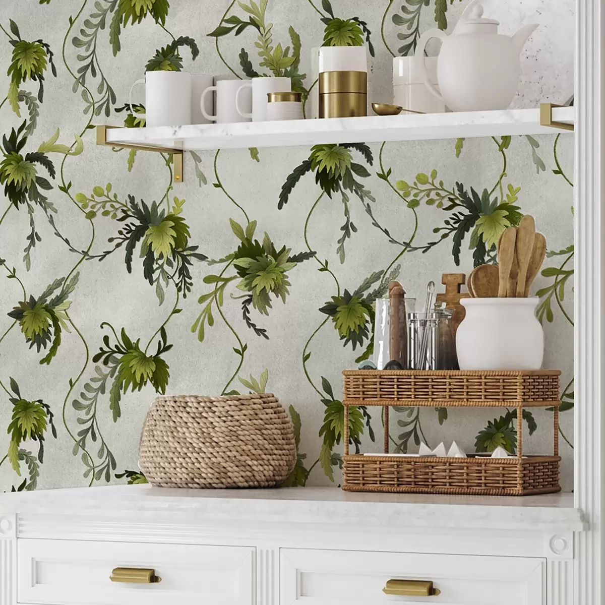 Papier peint Branches grimpantes avec des feuilles sur un fond clair a00806