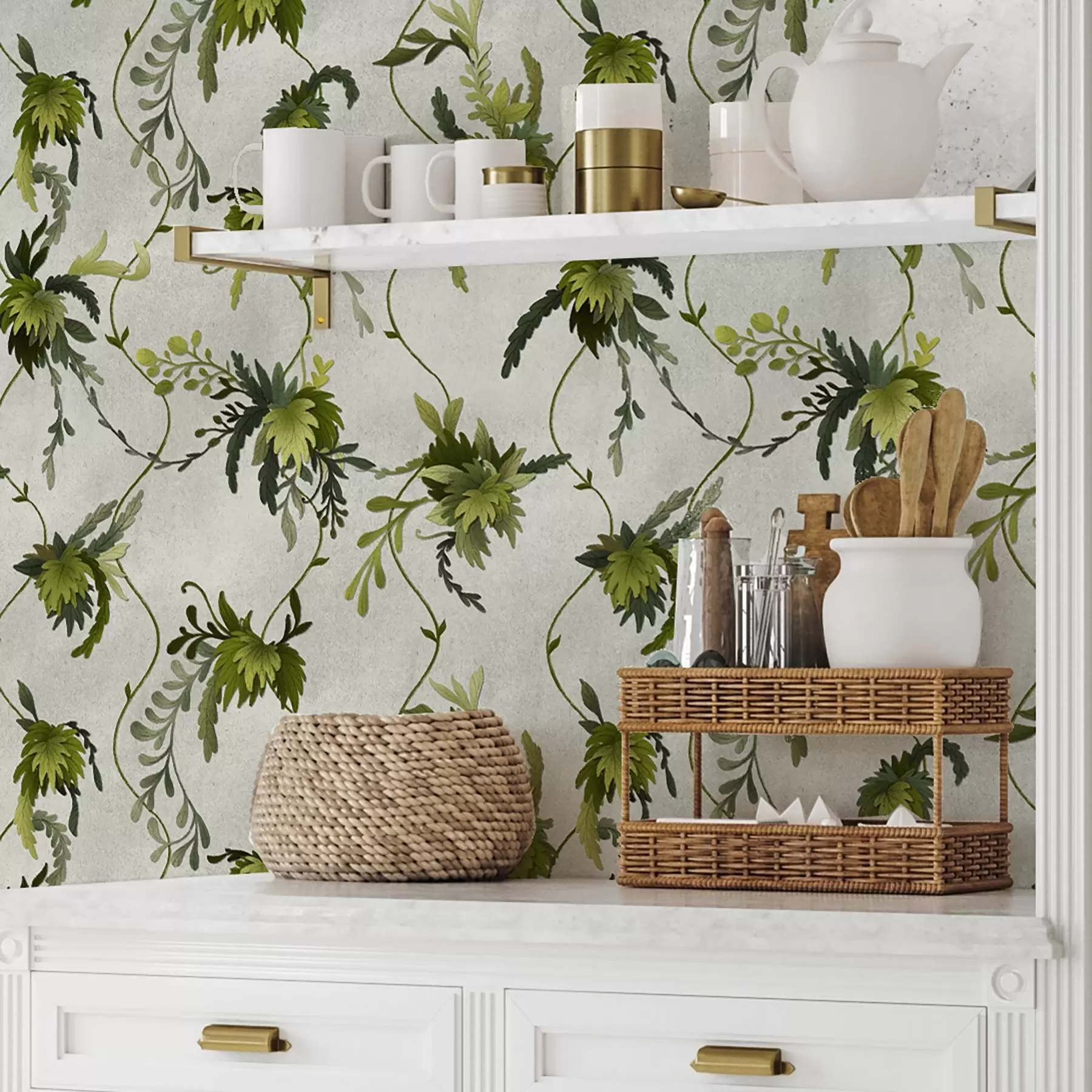 Wall Mural Photo Wallpaper Climbing branches with leaves on a light background a00806