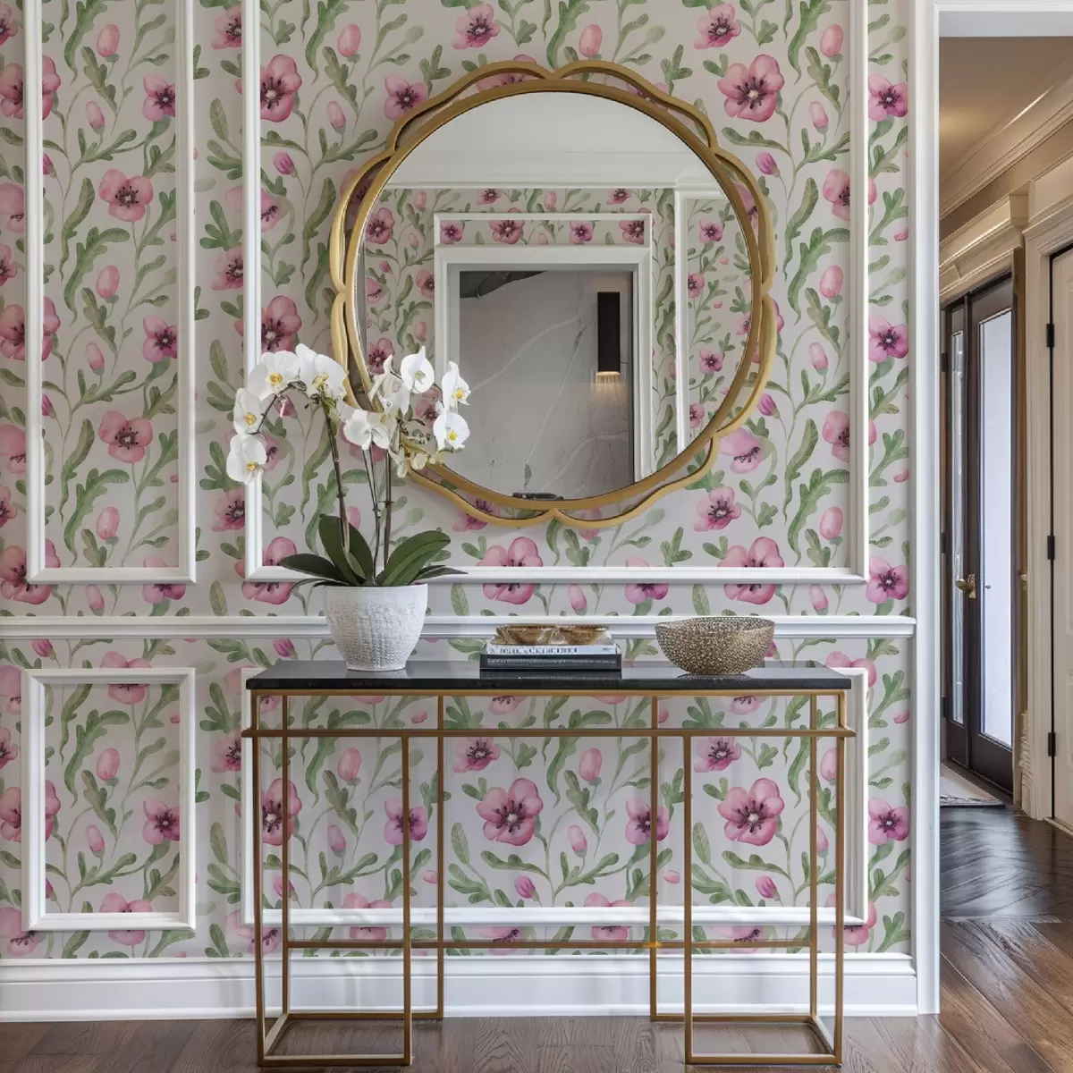 Wallpaper Delicate pink poppies with leaves in watercolor technique a00830