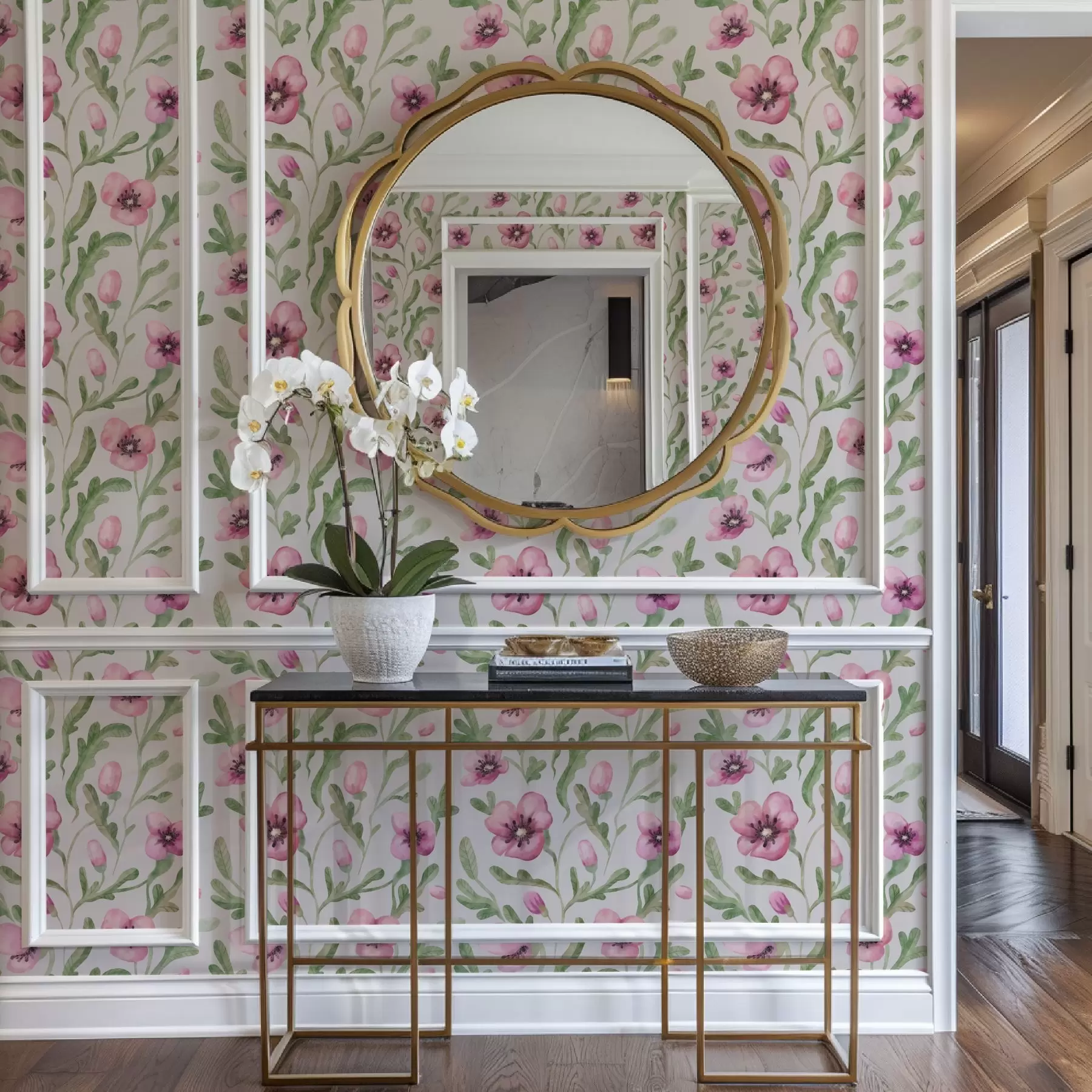 peintures murales Délicats coquelicots roses avec feuilles peints à l'aquarelle a00830