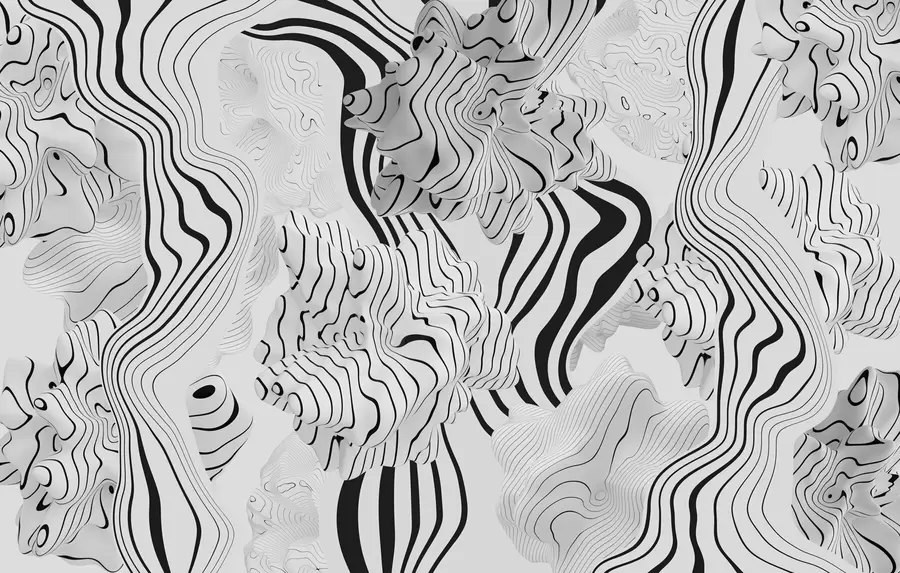 peintures murales formes organiques abstraites en 3D dans des tons blancs et gris avec des rayures noires w04627