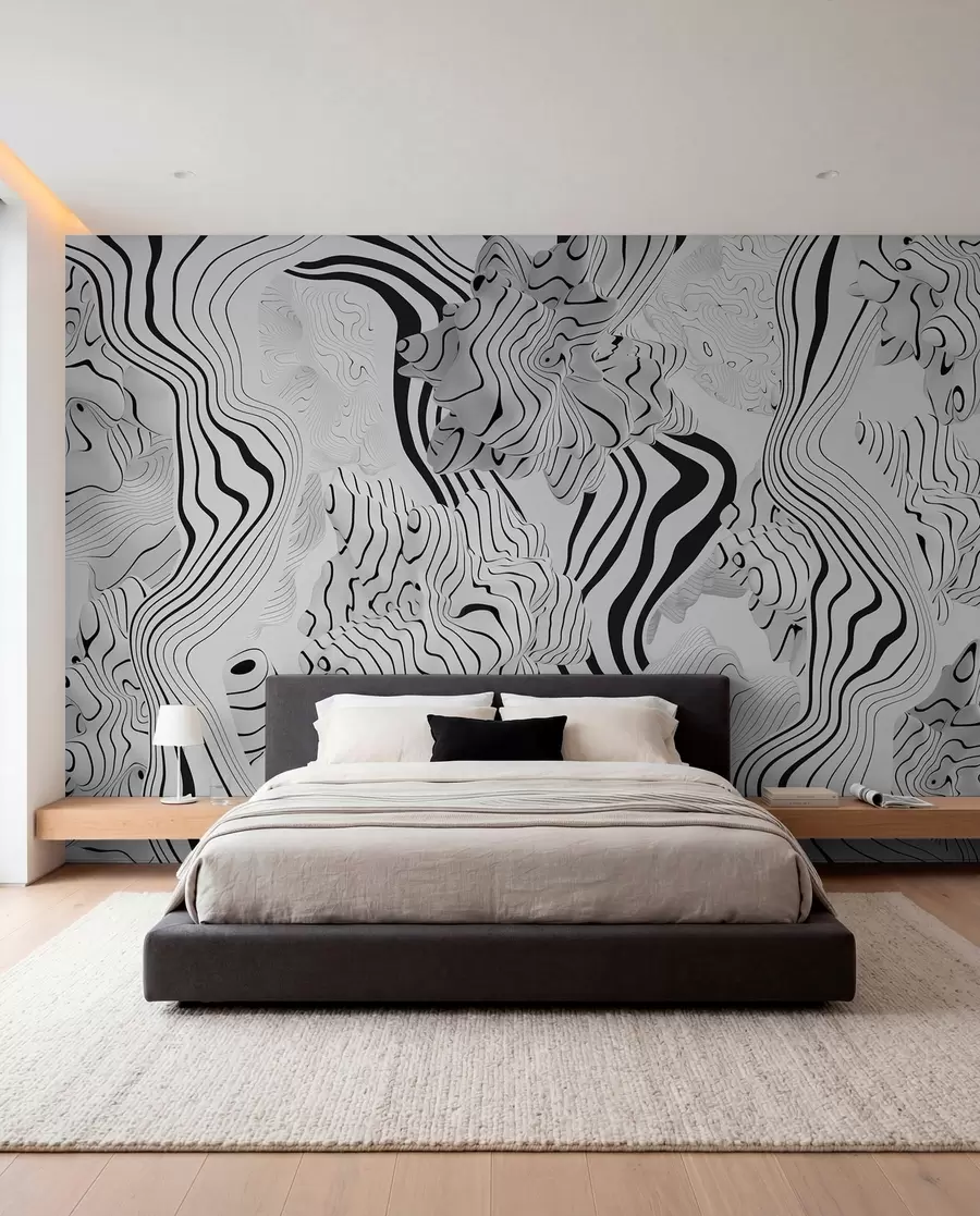 peintures murales formes organiques abstraites en 3D dans des tons blancs et gris avec des rayures noires w04627