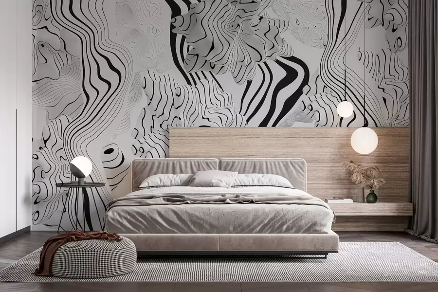 Wall Mural Photo Wallpaper abstract organic shapes in 3D style in white and grey tones with black stripes w04627