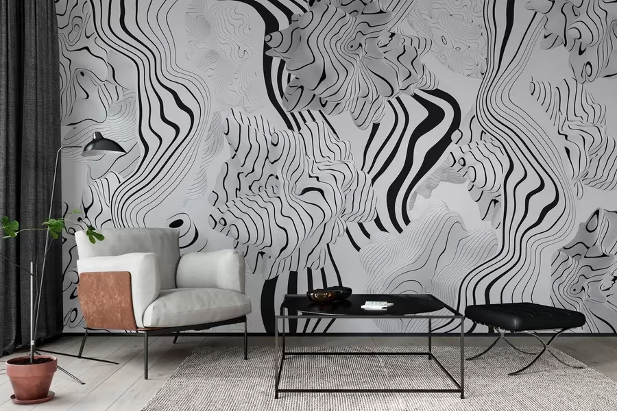 wall murals abstract organic shapes in 3D style in white and grey tones with black stripes w04627