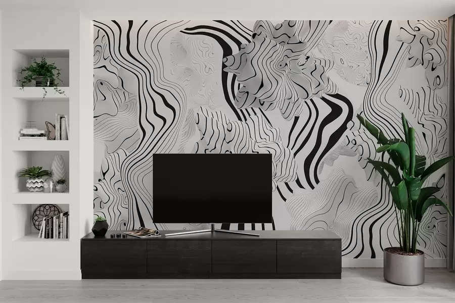 peintures murales formes organiques abstraites en 3D dans des tons blancs et gris avec des rayures noires w04627