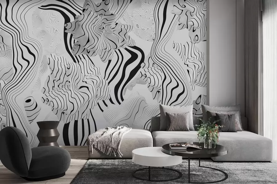 Wall Mural Photo Wallpaper abstract organic shapes in 3D style in white and grey tones with black stripes w04627