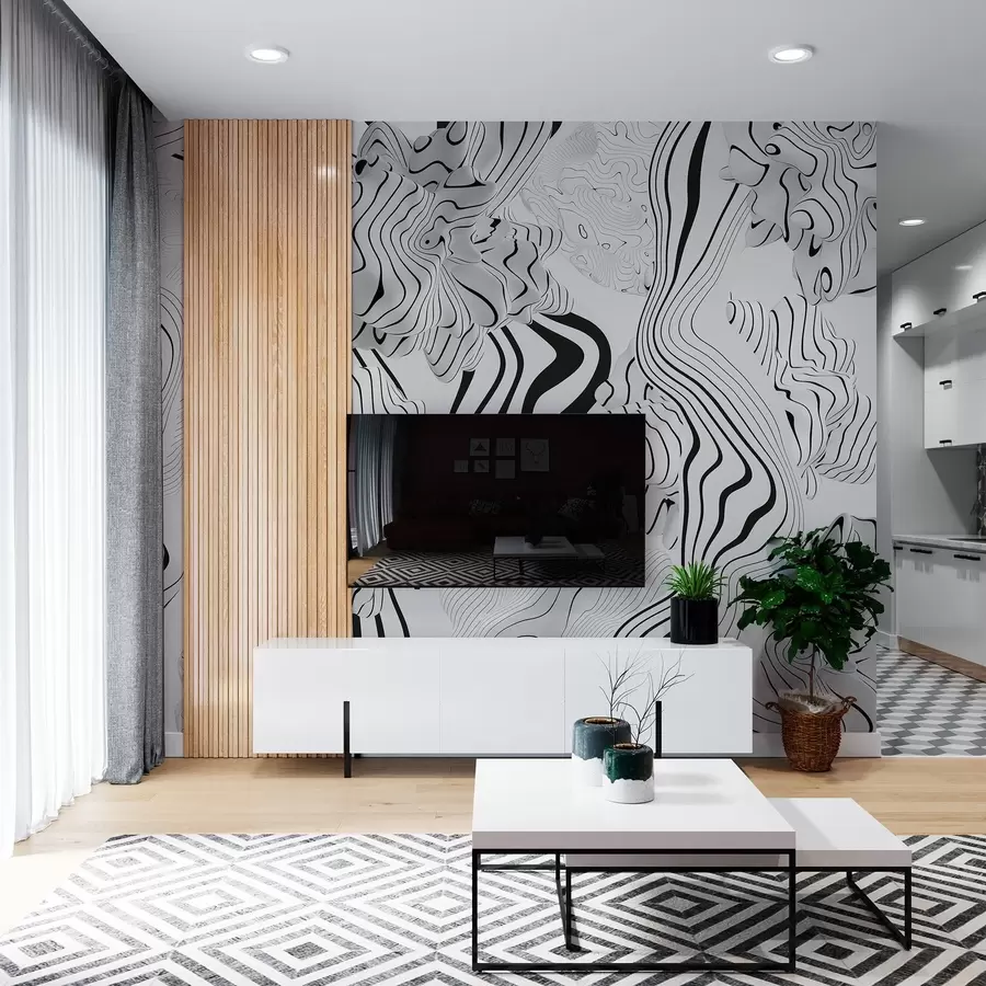 Wall Mural Photo Wallpaper abstract organic shapes in 3D style in white and grey tones with black stripes w04627