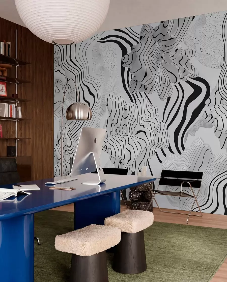 Wall Mural Photo Wallpaper abstract organic shapes in 3D style in white and grey tones with black stripes w04627
