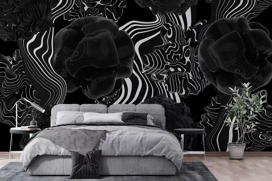 murales formas orgánicas abstractas en estilo 3D en tonos negros con rayas blancas w04628