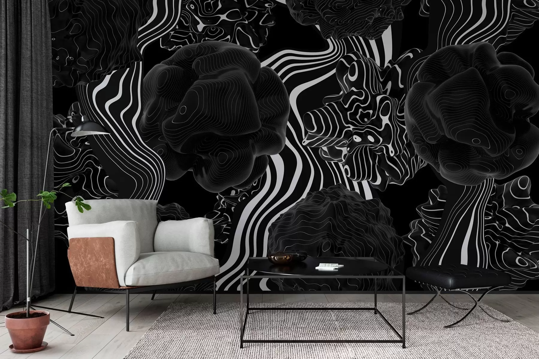 Wall Mural Photo Wallpaper abstract organic shapes in 3D style in black tones with white stripes w04628