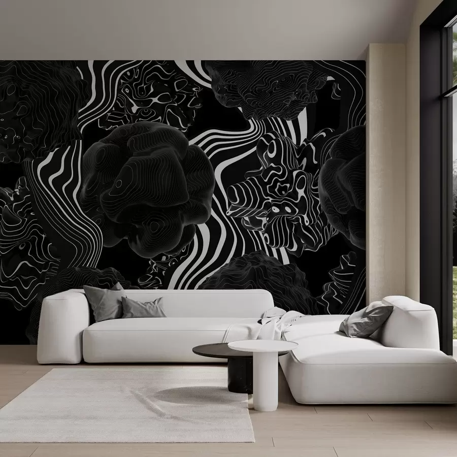 Wall Mural Photo Wallpaper abstract organic shapes in 3D style in black tones with white stripes w04628