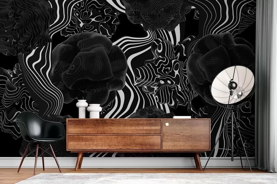 murales formas orgánicas abstractas en estilo 3D en tonos negros con rayas blancas w04628