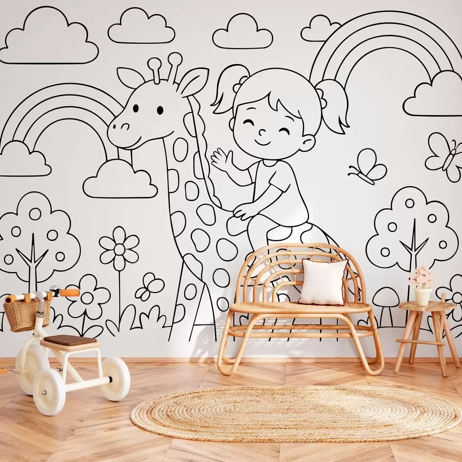 Wall Mural Photo Wallpaper black and white drawing of a girl on a giraffe in the style of a children's colouring book w04753