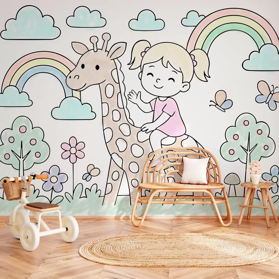 Wall Mural Photo Wallpaper girl on a giraffe in the style of a children's colouring book w04755