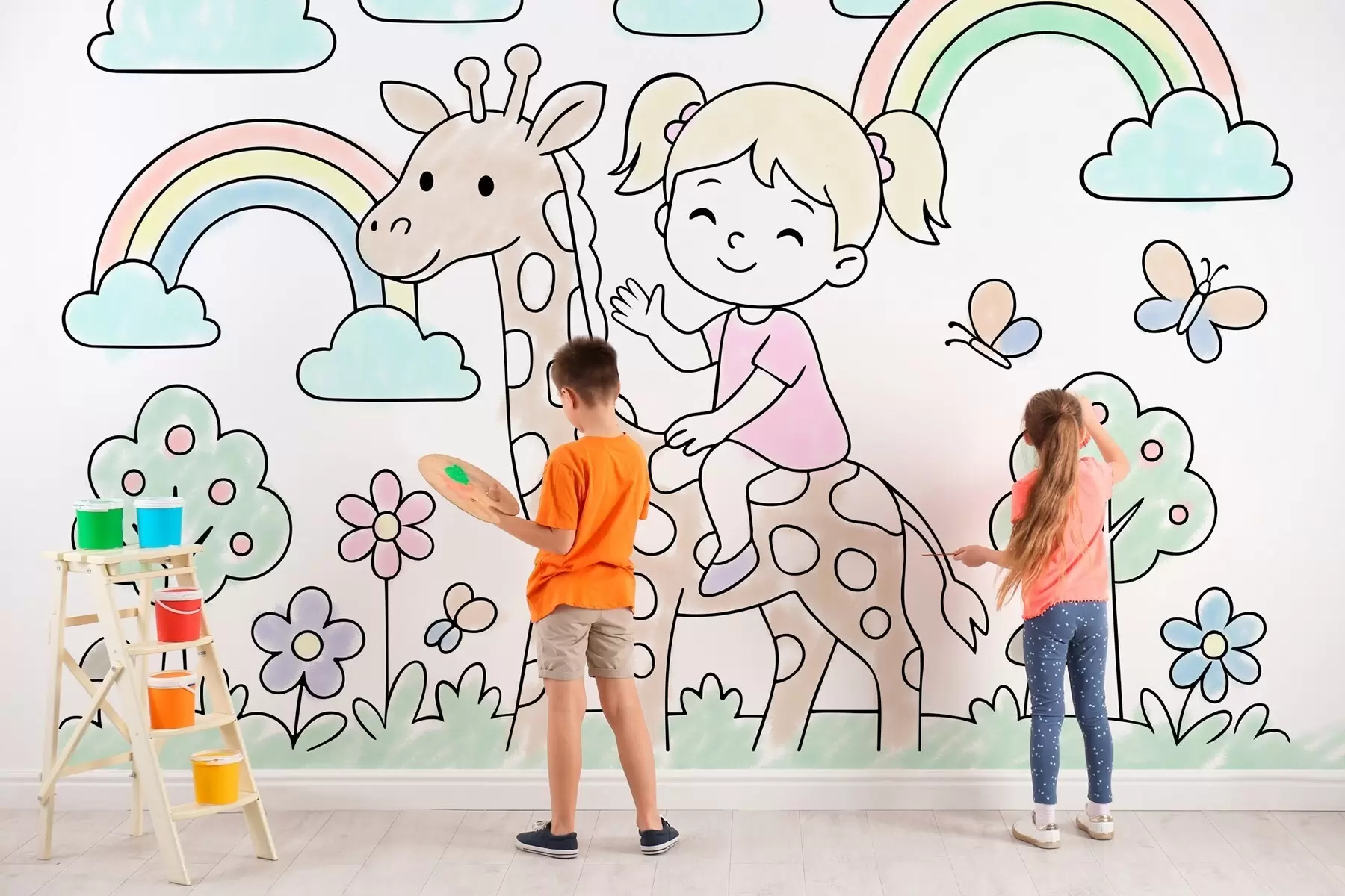 peintures murales fille sur une girafe dans le style d'un livre de coloriage pour enfants w04755