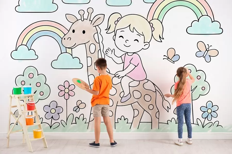 Wall Mural Photo Wallpaper girl on a giraffe in the style of a children's colouring book w04755