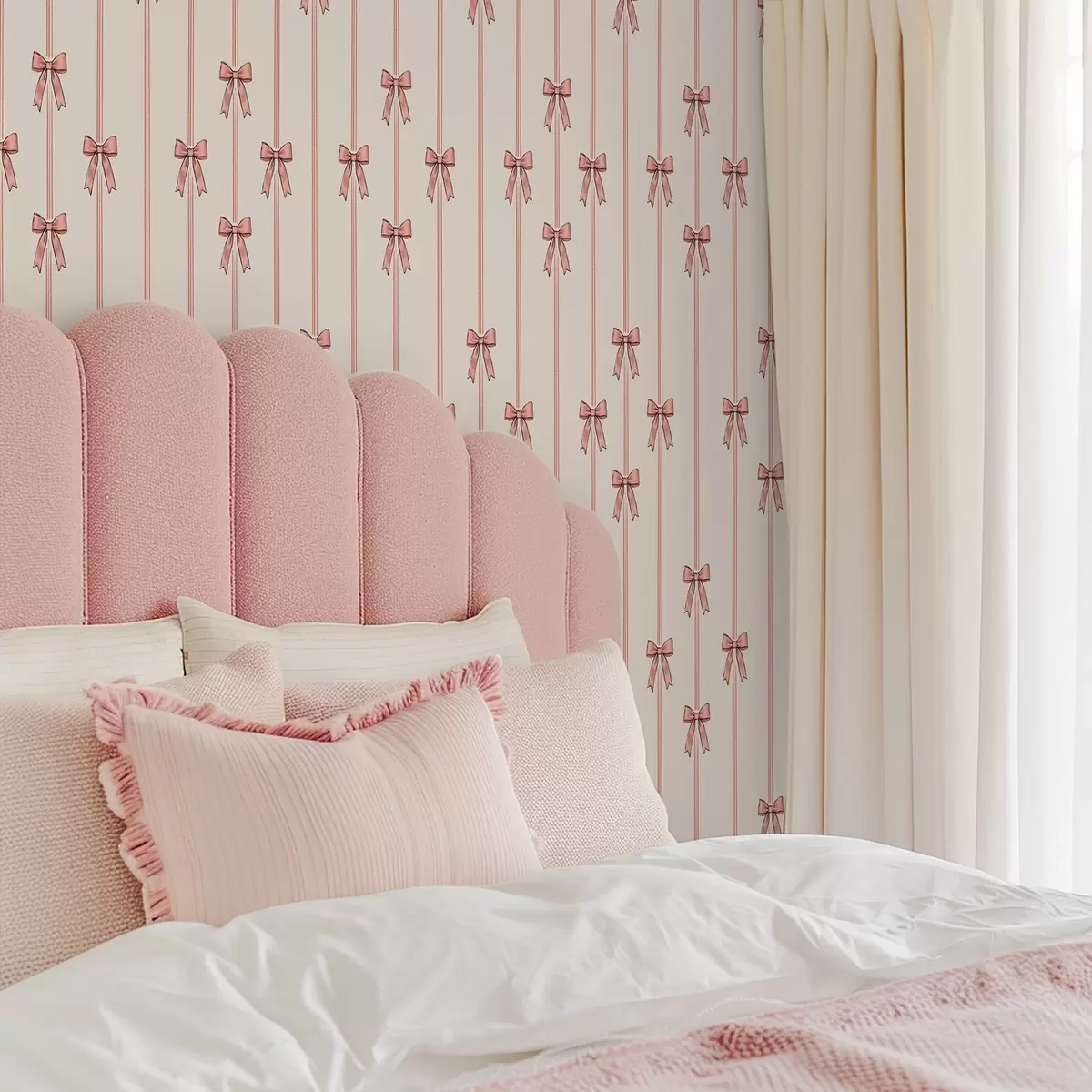 Papier peint Rubans verticaux avec nœuds, fond ivoire a00653
