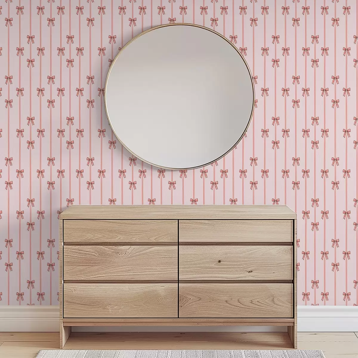 Wallpaper Vertical ribbons with bows, powder pink background a00653v2