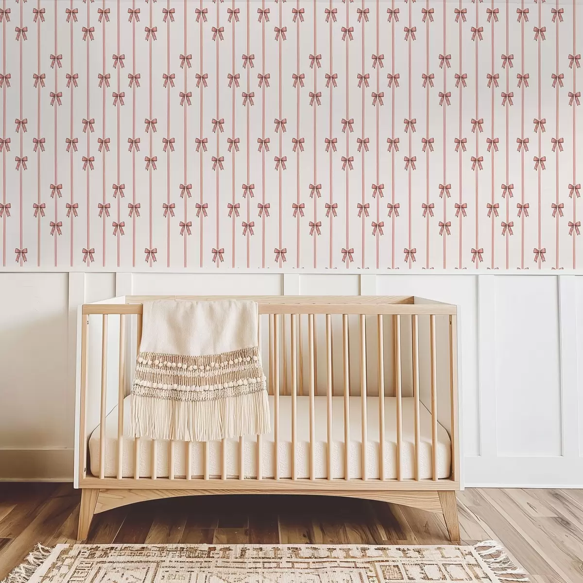 Wallpaper Vertical ribbons with bows, warm beige a00653v1