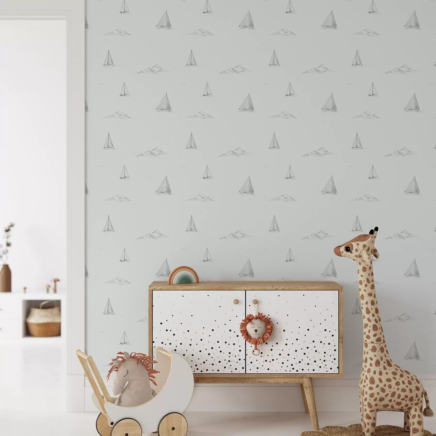 wall murals Sketch yachts and islands, cool blue-gray background a00654