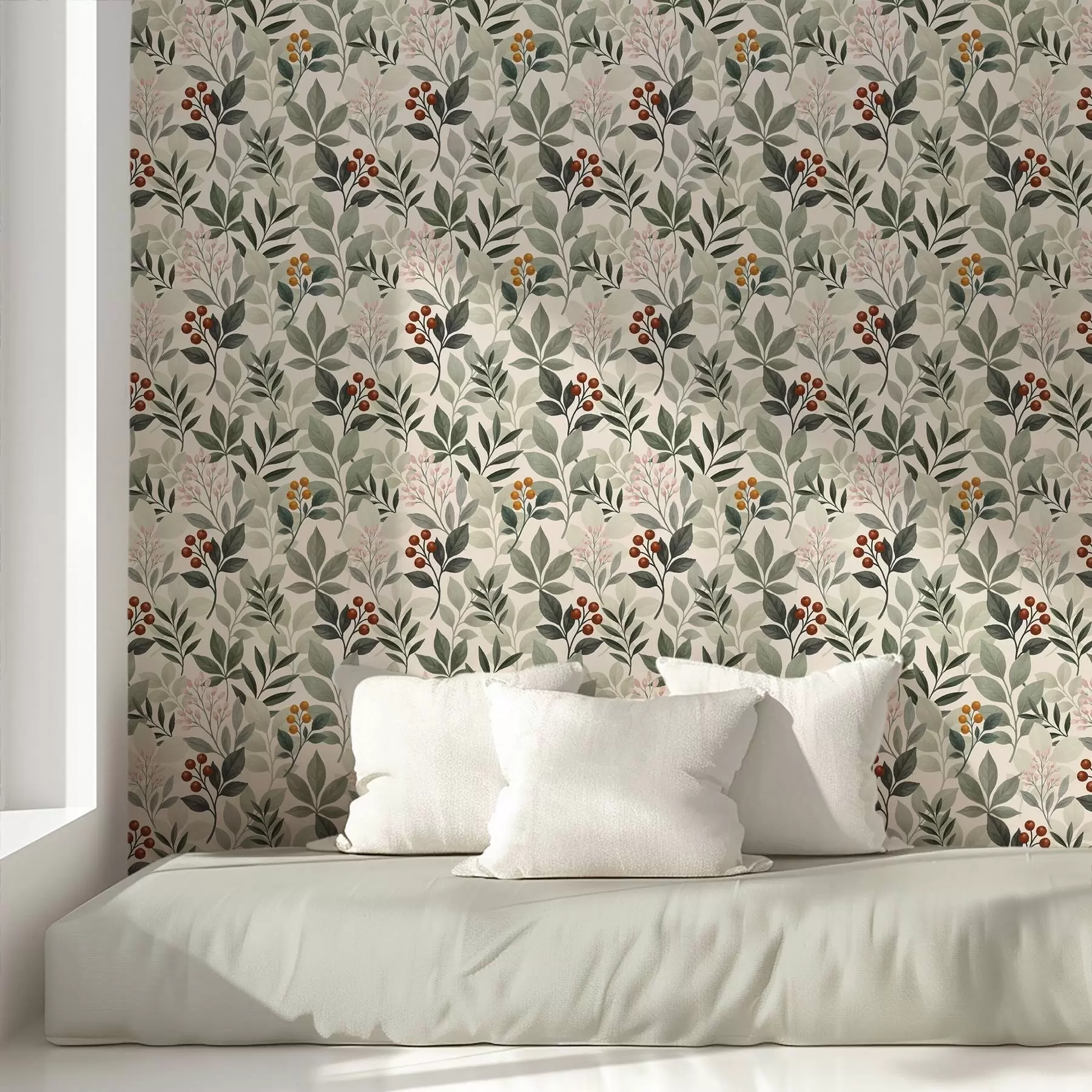 Wall Mural Photo Wallpaper Leaves with berries, light background a00713