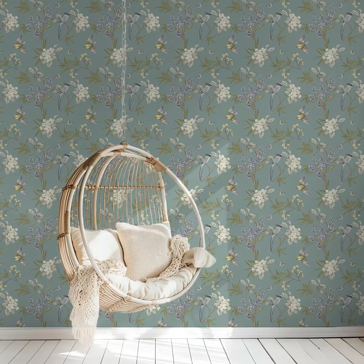 Papel pintado Pájaros, flores y mariposas sobre un fondo azul grisáceo. a00735