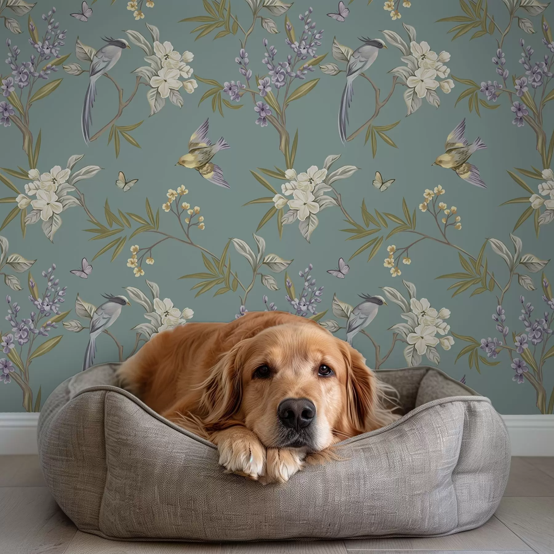 wall murals Birds, flowers, and butterflies on a blue-gray background a00735