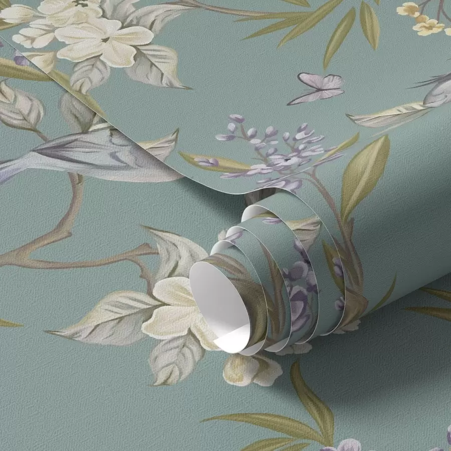 peintures murales Oiseaux, fleurs et papillons sur fond bleu-gris a00735