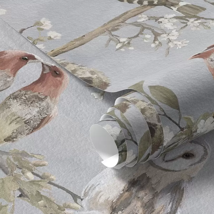 murales Pájaros en ramas con flores sobre fondo gris a00738