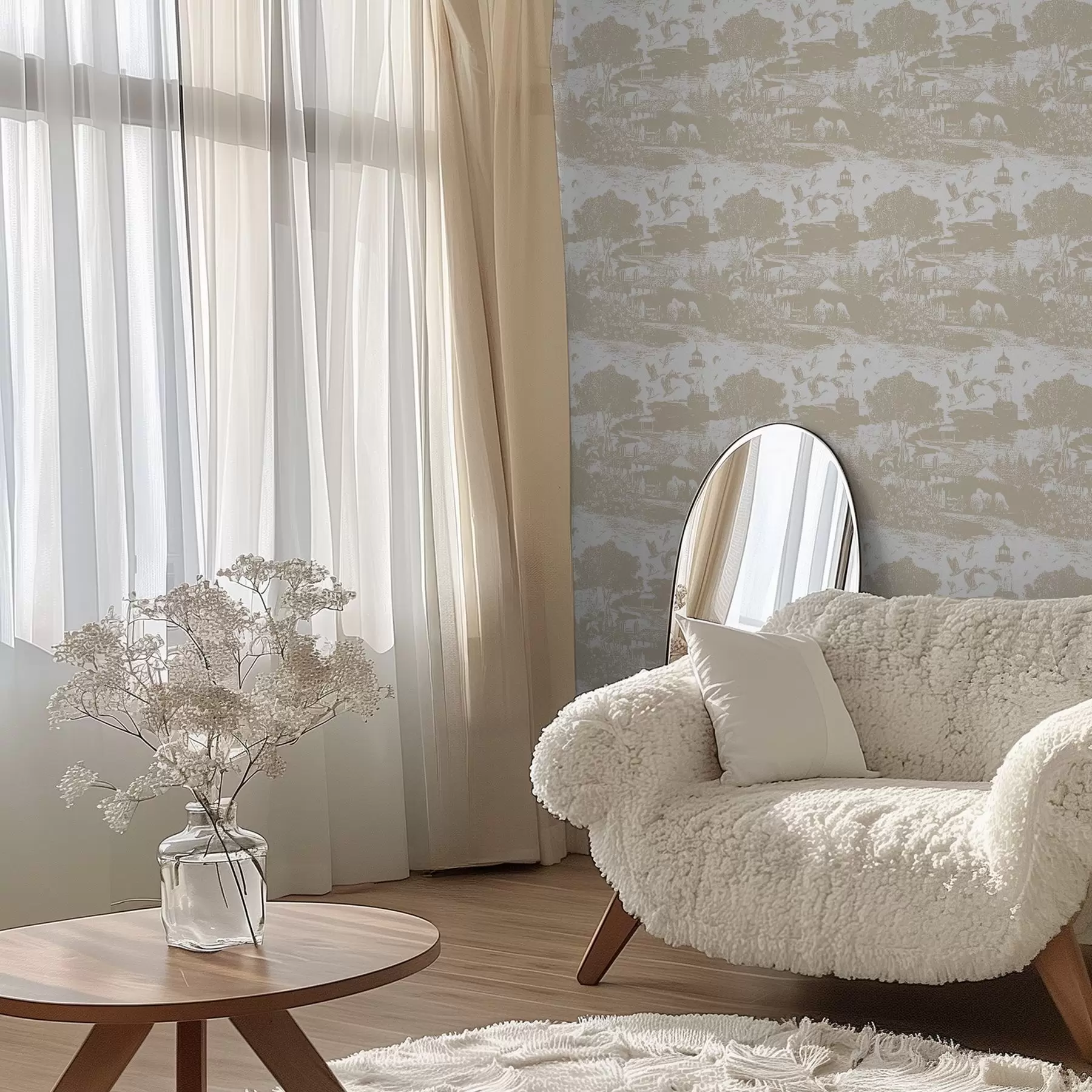 Wall Mural Photo Wallpaper Scene with lighthouse, trees, and houses in sienna a00739