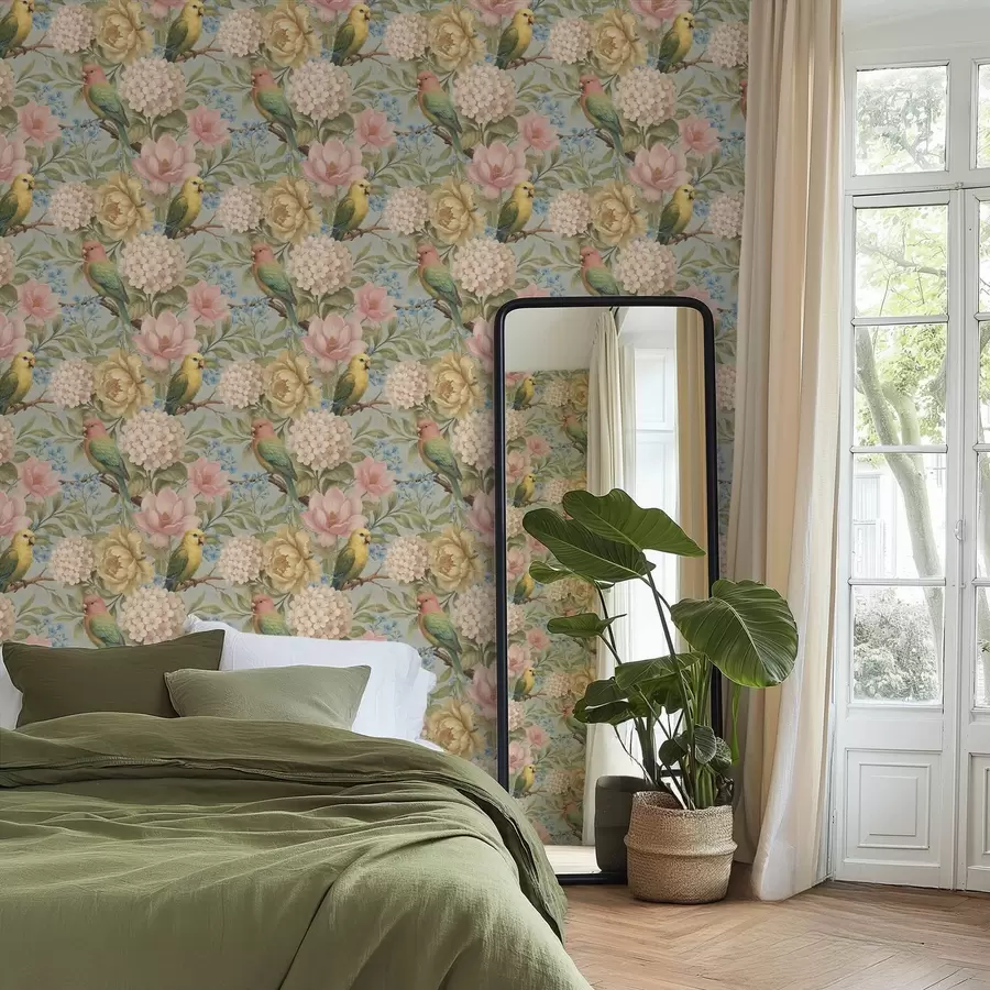 Wall Mural Photo Wallpaper Parrots among peonies, hydrangeas, and magnolias a00747