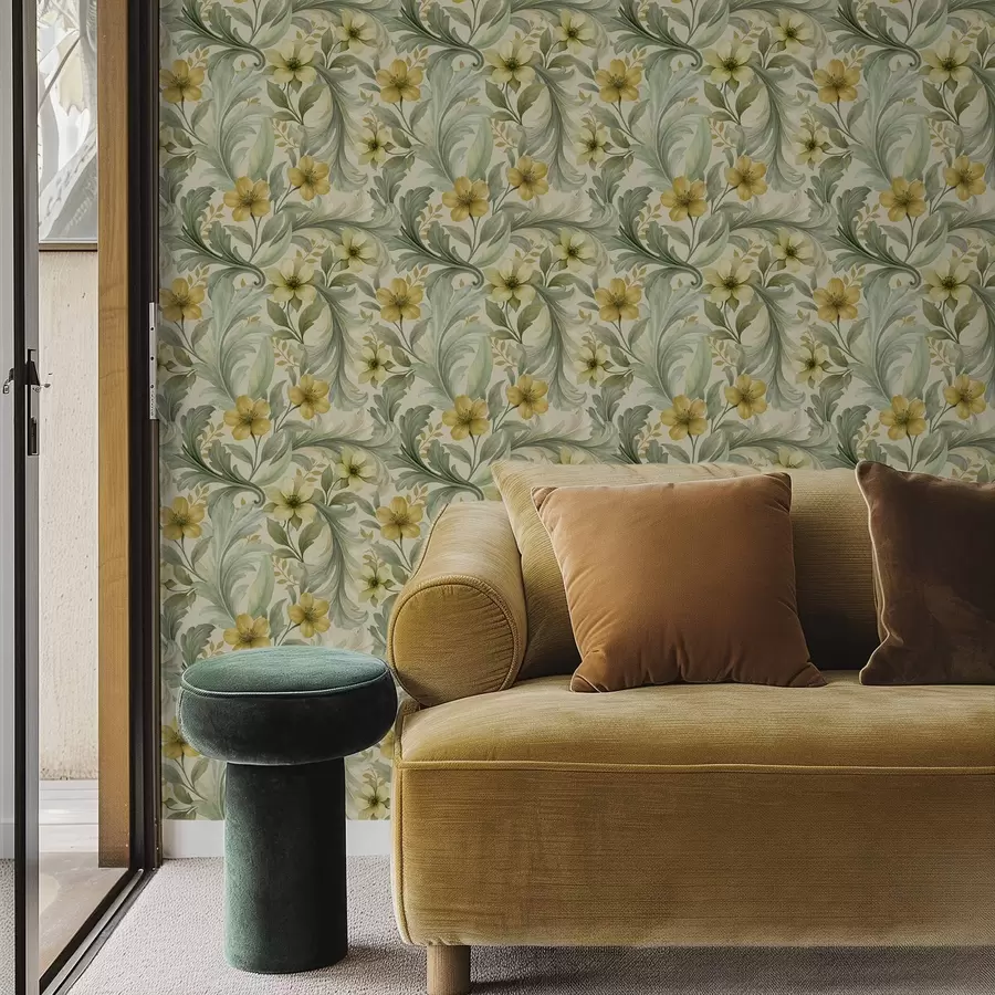 wall murals Acanthus scrolls with flowers in green and yellow tones a00749