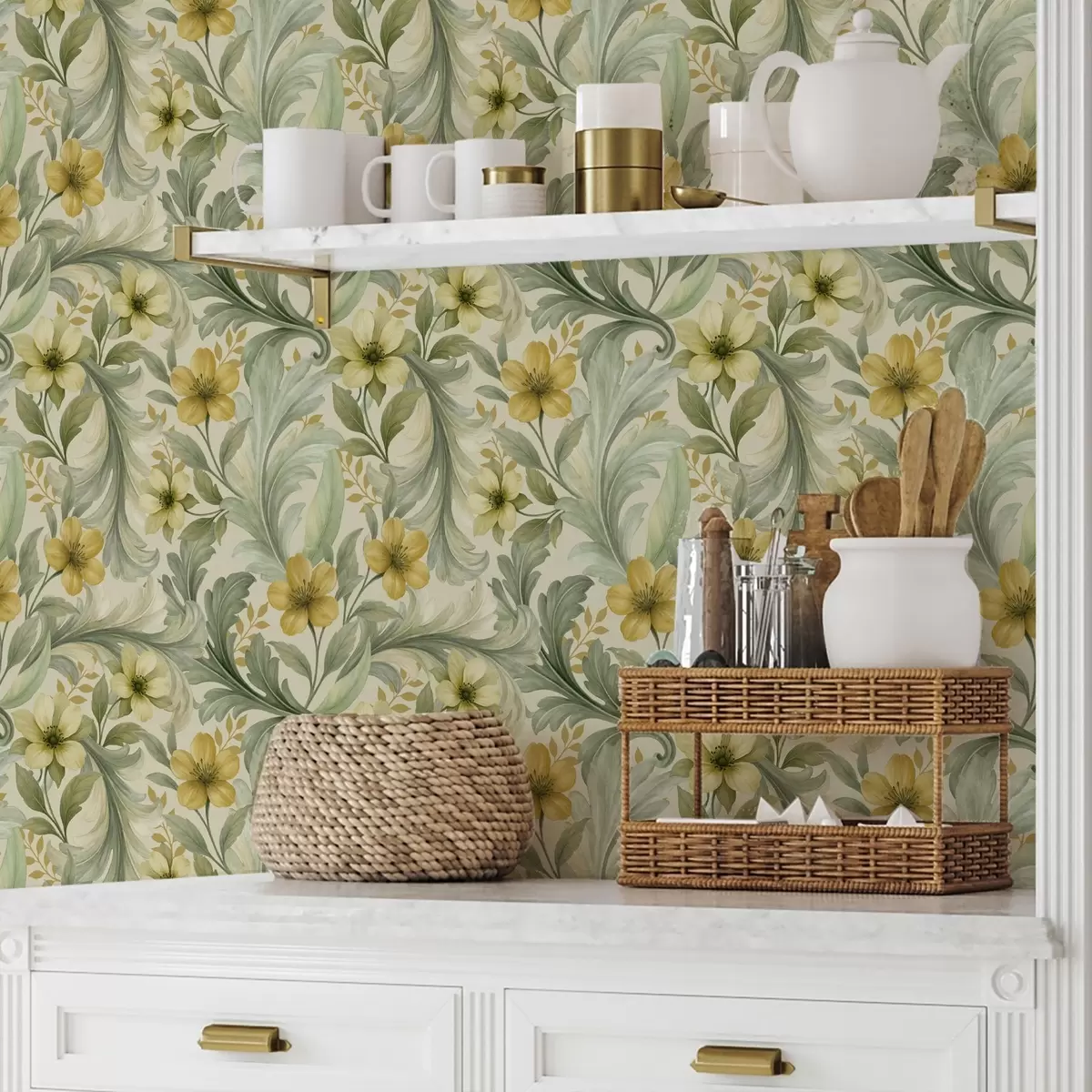 Wallpaper Acanthus scrolls with flowers in green and yellow tones a00749