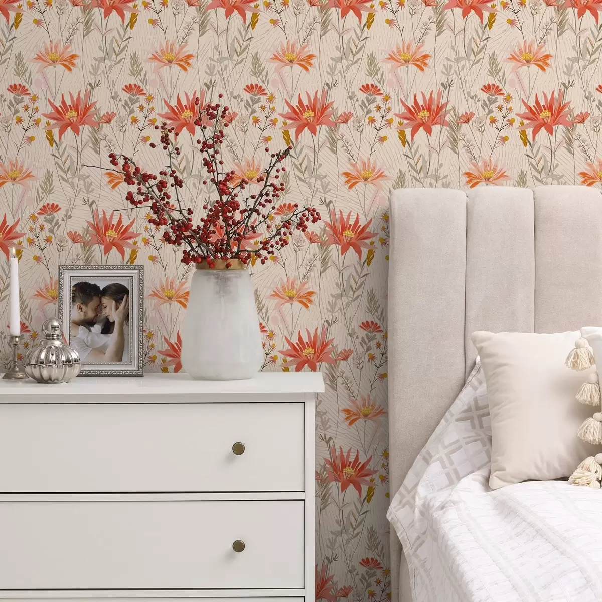 Wallpaper Wildflowers in warm tones on beige background a00751