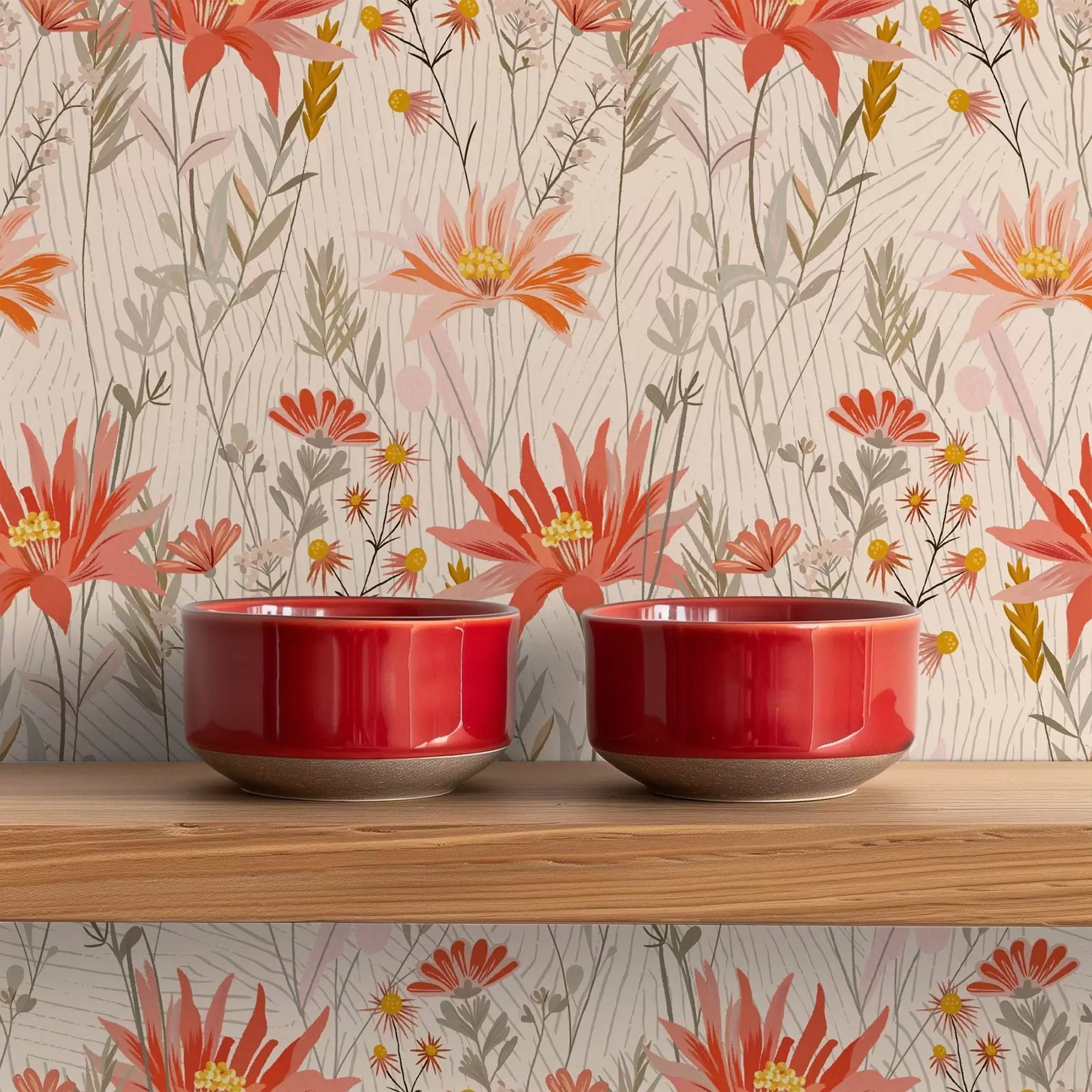 murales Flores silvestres en tonos cálidos sobre fondo beige a00751