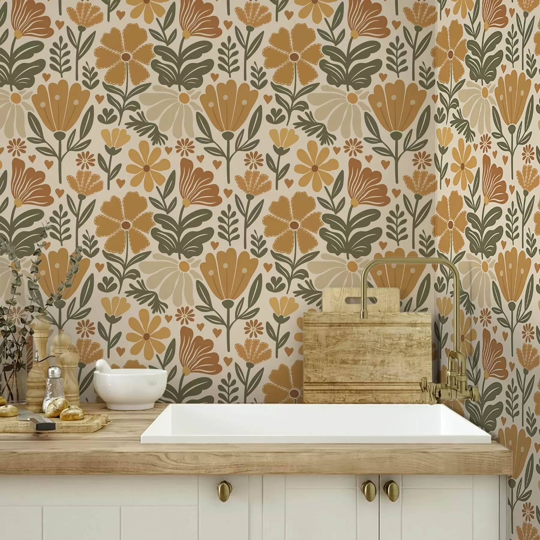 wall murals Stylized flowers in warm tones with hearts a00752